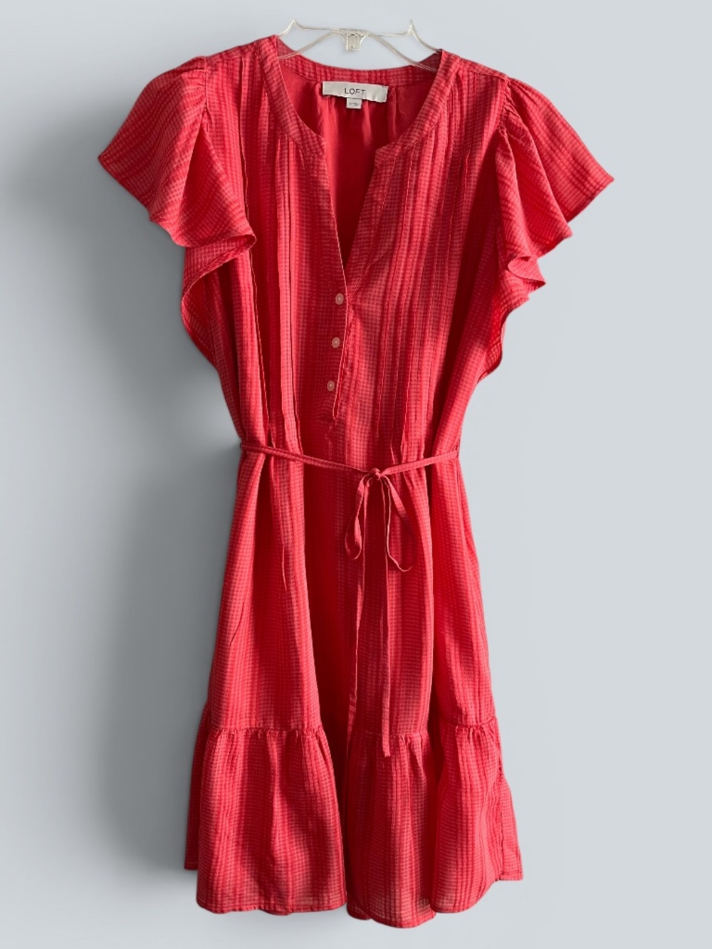 Loft Pleat Front Tiered Coral Flutter Sleeve Mini Dress Size Small